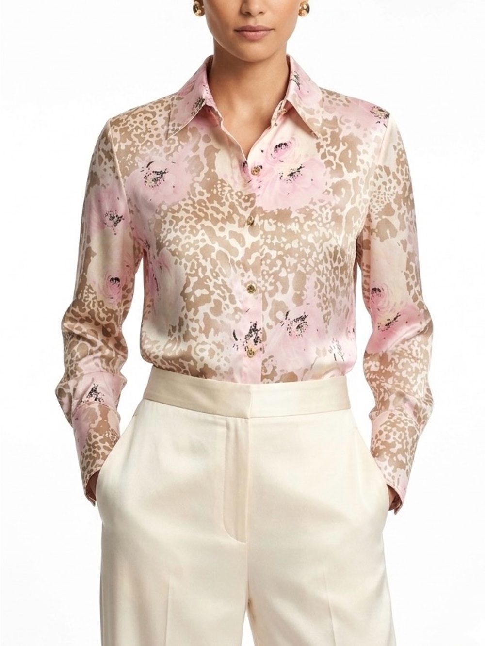 ST. JOHN Silk Floral Animal Print Pink Brown Long Sleeve Button Blouse - Size 6